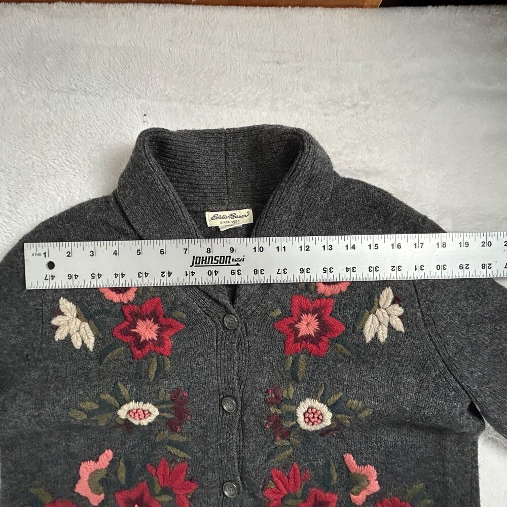 Vintage Eddie Bauer Women Lambswool Floral Embroidered Cardigan Sweater PXL Gray - Picture 6 of 9